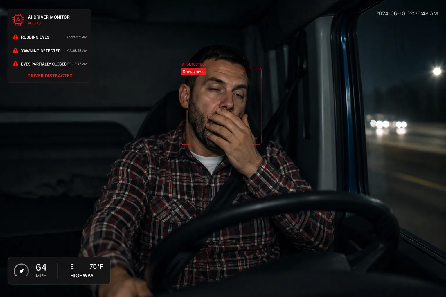 AI driver monitor detecting drowsiness — eyes closed, yawning, rubbing eyes alerts