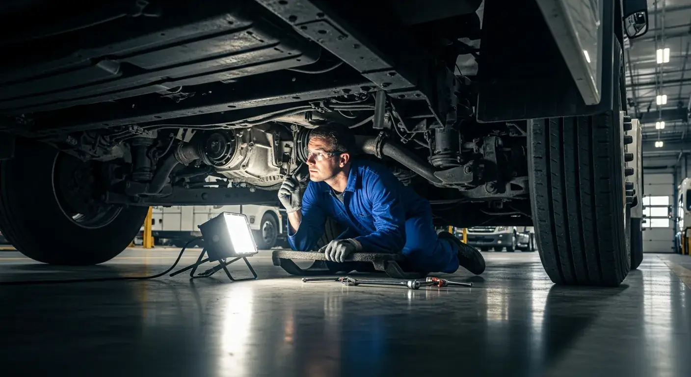Mechanic performing fleet maintenance inspection